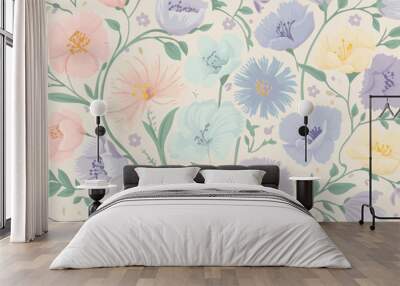 
A charming and delicate pastel-colored flower design pattern features a variety of blossoms in soft hues of pink, blue, purple, and yellow. The flowers are intricately intertwined with a touch of gre Wall mural