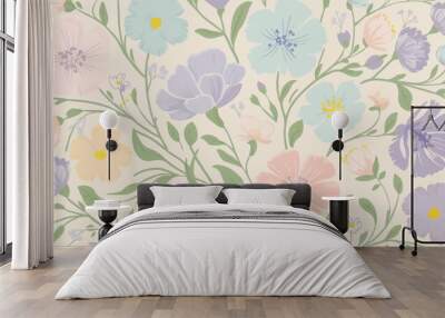 
A charming and delicate pastel-colored flower design pattern features a variety of blossoms in soft hues of pink, blue, purple, and yellow. The flowers are intricately intertwined with a touch of gre Wall mural