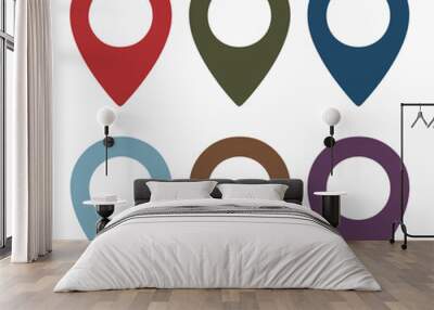 Six location markers, each in a distinct color. These markers are designed as pin-like shapes with a circular hole in the center. They are arranged in two rows, with three markers in each row.  Wall mural