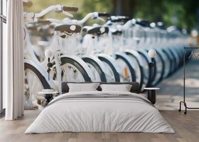 A collection of rental bicycles, black and white, lined up in a city parking lot for eco-friendly and healthy urban travel. Wall mural