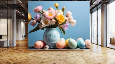 easter eggs and flowers in a vase - easter still life - easter card design background with solid light blue background and copy space - pastel colors - generative ai  Wall mural