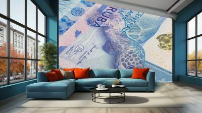 Close up to Florin, banknotes of the island country Aruba. Detailed capture of the front art design. Detailed money background wallpaper. Currency banknotes of the Netherland Caribbean island  Wall mural