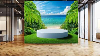 3d podium with copy space for product display presentation on blue beach abstract background tropical summer and vacation concept Wall mural