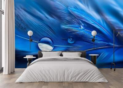 a abstract image of blue color fluffy feathers with two macro water dew drop beautiful natural background Wall mural