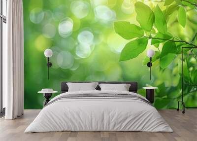 Blurred green nature background with bokeh effect, soft focus, and defocused light in a spring forest. Perfect for nature-themed projects, calming visuals, wellness content, and seasonal promotions. Wall mural