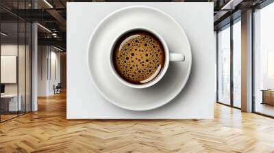 Classic white coffee cup with saucer, full of black coffee on a white background Wall mural