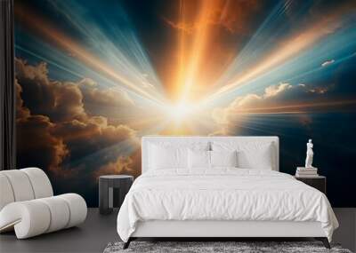 Heavenly rays of light in the clouds. Dreamy inspiring hope concept. Sun rays from heaven. Blessed light. Wall mural