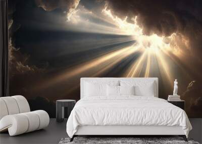 Heavenly rays of light in the clouds. Dreamy inspiring hope concept. Sun rays from heaven. Blessed light. Wall mural