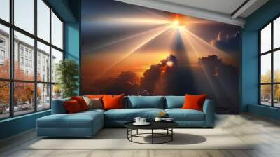 Heavenly rays of light in the clouds. Dreamy inspiring hope concept. Sun rays from heaven. Blessed light. Wall mural