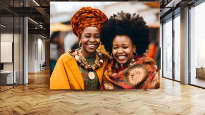 Portraits depict two black women in the street, wearing vibrant-colored autumn clothes, sharing joyful smiles. Their fashionable ensembles mirror the fall season's palette. Wall mural