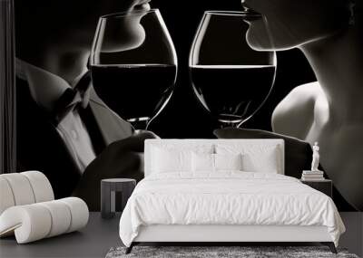 Sensual black and white image of a couple facing each other holding wine glasses. In the style of 50 shades of grey. Wall mural