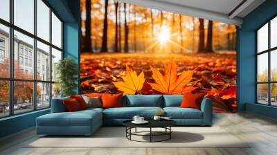 Sunny day golden automn light, falling leaves, and nature tones of an autumn forest. Wall mural