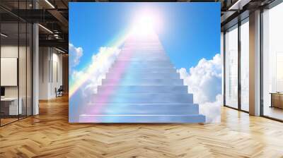 White stairs ascend against a blue sky with white clouds, illuminated by sunlight. Symbolizing the journey of self-development towards higher consciousness and personal growth. Wall mural