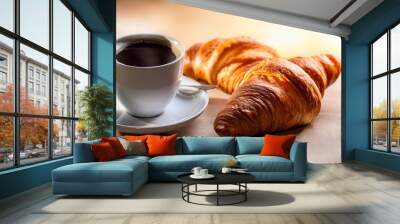 breakfast with cup of coffee and croissants Wall mural