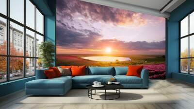 bright sun from sunset clip light fields on which the orange sun shines swimming gray with pink clouds Wall mural