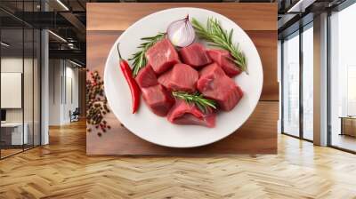 chunks of raw meat on a white plate chili pepper rosemary onion spices wooden table Wall mural