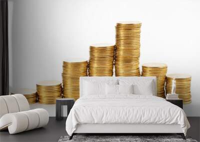 crooked stack of shiny gold coins isolated on white Wall mural