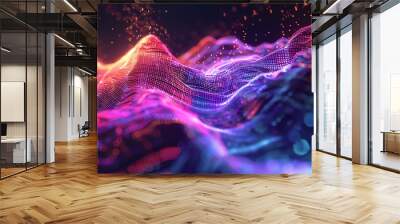 Capture the intricate dance of soundwaves in a side view illustration, using vibrant colors to represent the intensity and frequency Make the wavelengths come alive with a digital CG 3D rendering Wall mural