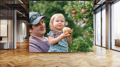 A dad and his toddler pick apples from a tree at an apple orchard Wall mural