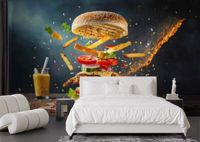 Hot spicy chicken sandwich flying down coming together, with cheese, tomatoes, sesame seeds, Wall mural