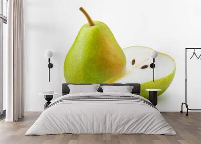 one whole green pear and a piece with seeds isolated Wall mural