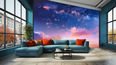 sky at dusk sunset sky with cloud and stars purple blue orange pink sky gradient day with stars nature background sky sunrise night sky with stars astronomy Wall mural