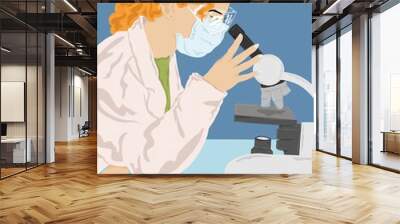 Woman looking into science microscope Wall mural