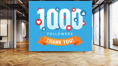 1000 followers, social sites post, greeting card vector illustration Wall mural