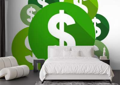 Dollar symbols, flat design style circles with long shadow, green color Wall mural