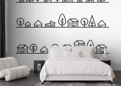 outline buildings and trees in line, 4 different styles, small city, town or village, vector illustr Wall mural