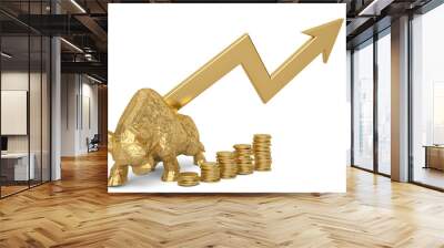 Gold bull with coins and uprise arrow.3D illustration. Wall mural