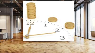 Gold coin stacks on clock background. 3D illustration. Wall mural