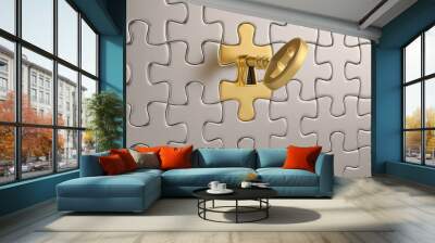 Golden key and puzzle pieces on white background.3D illustration. Wall mural