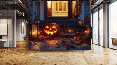 Glowing Carved Pumpkin on Front Porch at Night Wall mural