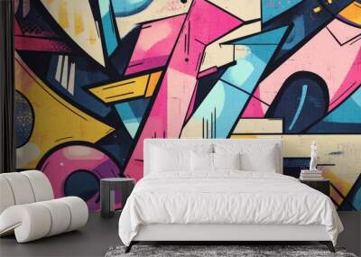 2D cartoon style grunge graffiti doodle illustration featuring pastel colors and geometric designs Abstract artwork with smears on canvas and drywall mud aesthetics Wall mural