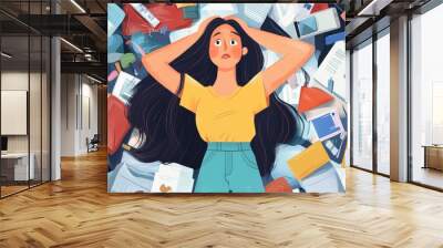 2D cartoon style illustration of a woman surrounded by various disorganized items Wall mural