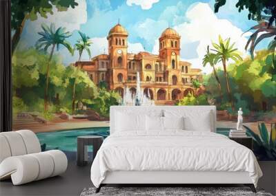 2D cartoon style watercolor illustration of a stunning building and a famous fountain in an iconic setting Wall mural