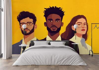 2D rendering of a diverse group portrait featuring three individuals including two men and one woman depicted as students or business professionals against a bright yellow background in an abstrac Wall mural