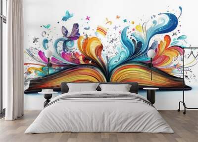 Cartoon illustration of an open book with whimsical designs and vibrant colors Wall mural