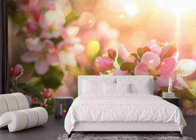 Close up view of pink blossoms on an apple tree in spring sunlight Wall mural