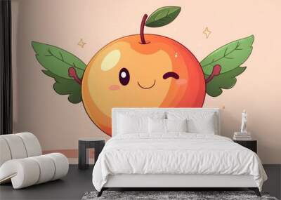 Cute 2D cartoon peach character with leaf wings A vegetable and fruit mascot illustrated in kawaii style ideal for animations children s content and creating adorable patterns or gift wraps Wall mural