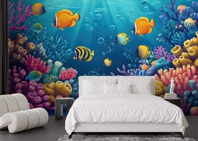 Joyful underwater illustration featuring colorful coral reef fish perfect for children s enjoyment Wall mural