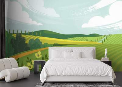 Countryside landscape with field, trees, grass and sky. Background of a sunny summer day in the village. Meadow vector flat style illustration. Green landscape with yellow fields. Lovely rural nature. Wall mural