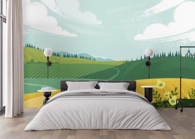 Green landscape with yellow field. Lovely rural nature. Countryside view. Vector illustration of beautiful field landscape with green hills, bright color sky, background in flat cartoon style. Wall mural