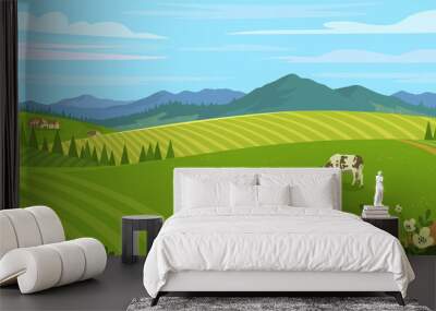 Rural landscape with field, trees, grass and cows. Ecologically clean area with blue sky and clouds. Village in the summer. Vector stock flat style illustration or background for eco products, banner. Wall mural