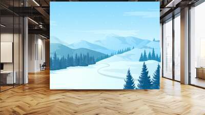 Winter landscape with snowy mountains and pine trees. Vector illustration. Blue Christmas horizontal background. Vector drawing of beautiful winter morning mountains. Wall mural