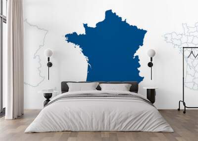 France map vector. High detailed vector outline, blue silhouette and administrative departments. All isolated on white background Wall mural