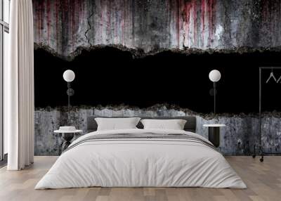 Bloody background scary on damaged grungy crack and broken concrete wall, concept of Halloween and horror Wall mural