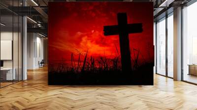 Scary background cemetery cross with dark silhouette in twilight sky, concept of horror and Halloween Wall mural