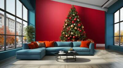 A beautifully decorated Christmas tree stands against a rich red wall, surrounded by an array of colorful wrapped gifts, creating a warm and festive holiday atmosphere. Wall mural